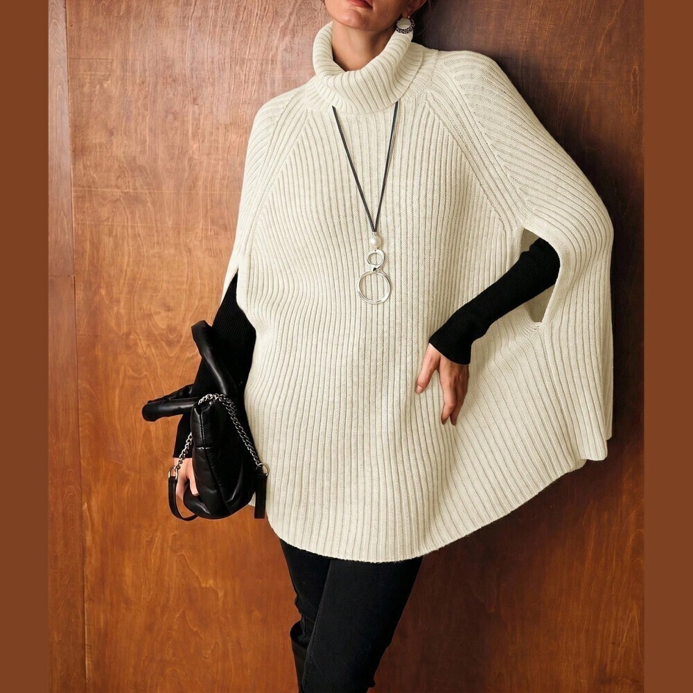 Cream Ribbed Knit Turtleneck Poncho Sweater